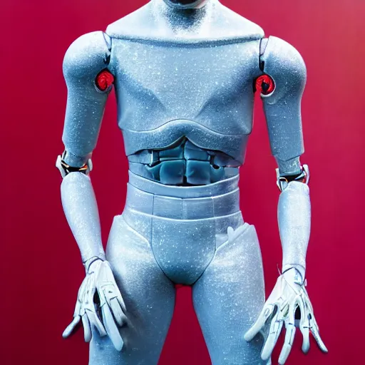 Image similar to a realistic detailed photo of a guy who is an attractive humanoid who is half robot and half humanoid, who is a male android, soccer player martin ødegaard, shiny skin, posing like a statue, blank stare, by the pool, on display, showing off his muscles, humanoid robot, frozen ice statue