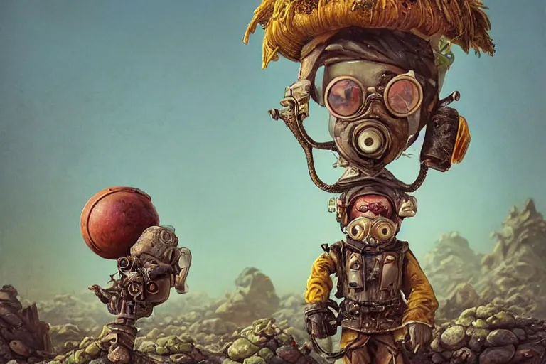 Image similar to a highly detailed forgotten garden gnome wearing goggles and head scarf surviving in a vast barren desert, hopeless wasteland background with a relentless raging sun overhead, post - apocalyptic road warrior vibe, dynamic pose, an ultrafine detailed painting by joe fenton, trending on deviantart, pop surrealism, whimsical, lowbrow, perfect symmetrical face, sharp focus, octane, masterpiece