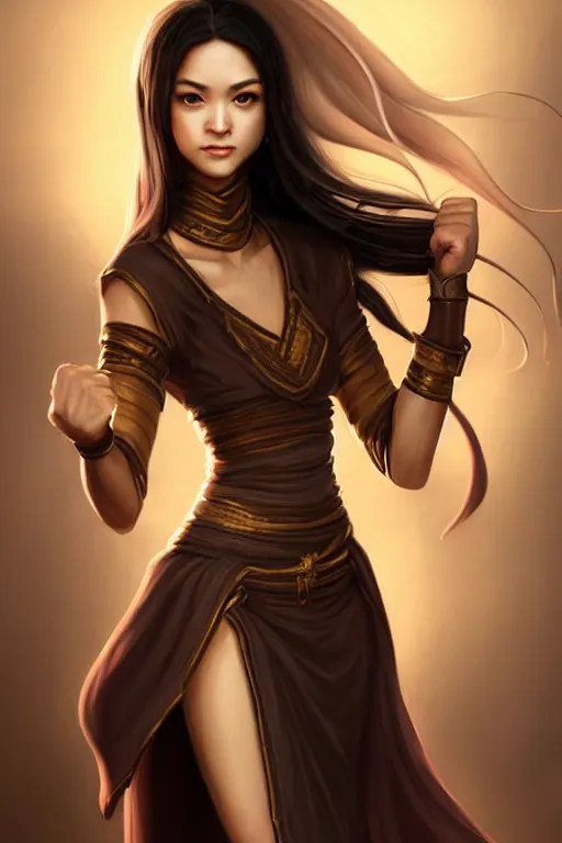 Image similar to a full body portrait of a gorgeous female monk, D&D, fighting stance, clenched fists, stylish dress, very long flowing dark hair, beautiful bone structure, intricate, elegant, stylish, cute slightly nerdy smile, fantasy, highly detailed, digital painting, artstation, concept art, smooth, sharp focus, illustration, art by artgerm and greg rutkowski and alphonse mucha