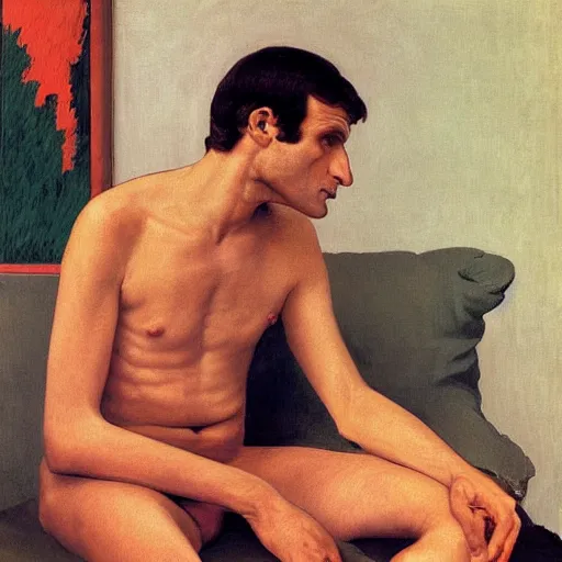 Image similar to emmanuel macron posing on a sofa, 1 9 7 0 living room, body hair, oil on canvas, by david hockney, bouguereau