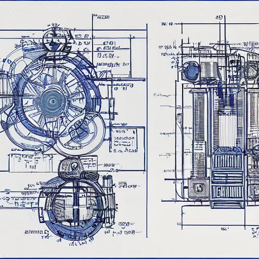 Prompt: a very detailed technically accurate blueprint of futuristic machinery, highly detailed