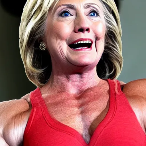 Prompt: an extremely muscular Hillary Clinton, very vascular, steroid use, epic, high detail, high contrast