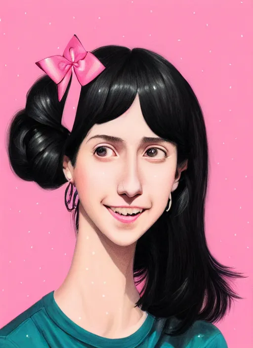 Image similar to portrait of high school girl, realistic, black hair, bangs, half updo hairstyle, pointy nose, skinny, smile, ugly, defined jawline, big chin, pink hair bow, earrings, intricate, elegant, glowing lights, highly detailed, digital painting, artstation, sharp focus, illustration, art by wlop, mars ravelo and greg rutkowski