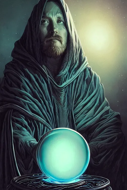 Prompt: wizard in a hooded cloak gazing into a crystal ball, high details, intricately detailed, by vincent di fate, artgerm julie bell beeple, inking, 3 color screen print, masterpiece, trending on artstation, cinematic composition, dramatic pose, volumetric lighting, sharp, details, hyper - detailed, hd, 4 k, 8 k
