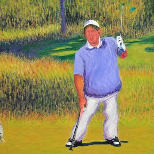 Image similar to dave chizzy chisnall playing golf with snarf from thundercats, as painted by claude monet