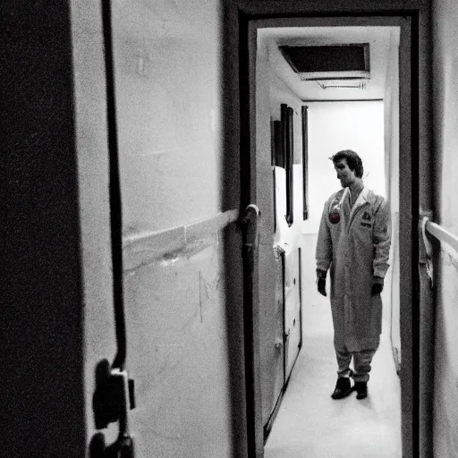 Prompt: a male scientist wearing a lab coat lost suit inside the very dark empty unsettling creepy backrooms, liminal space, horror scene