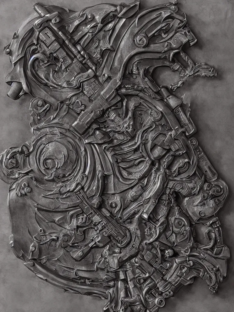 Image similar to relief sculpture carving in metal of machine guns, hyperrealistic, ultrarealistic, intricate details, 4k, unreal 5, digital art