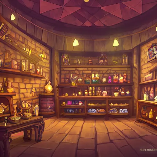 Image similar to inside a magical item shop, fantasy potion vendor interior, ufotable studio art style, wide angle, gothic interior