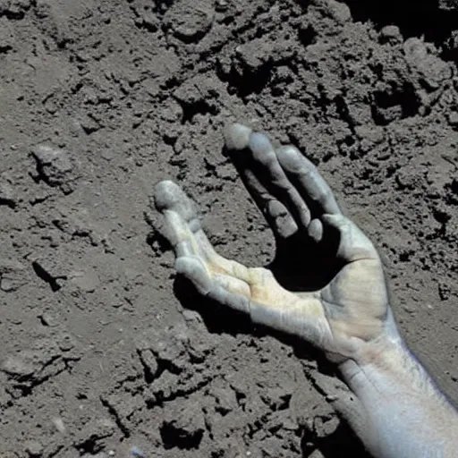 Prompt: A giant obsidian stone hand reaching out from a massive sinkhole. Dark. Found footage.