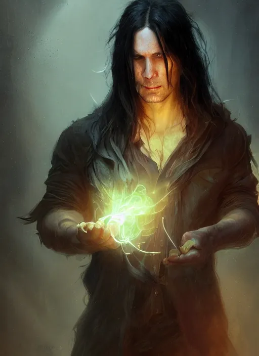 Prompt: portrait of a man with long black hair in brown rags holding a glowing device, fantasy, digital painting, volumetric light, intricate, sharp, focus, bloom, illustration, highly detailed, concept art, matte, ruan jia, randy vargas, greg rutkowski