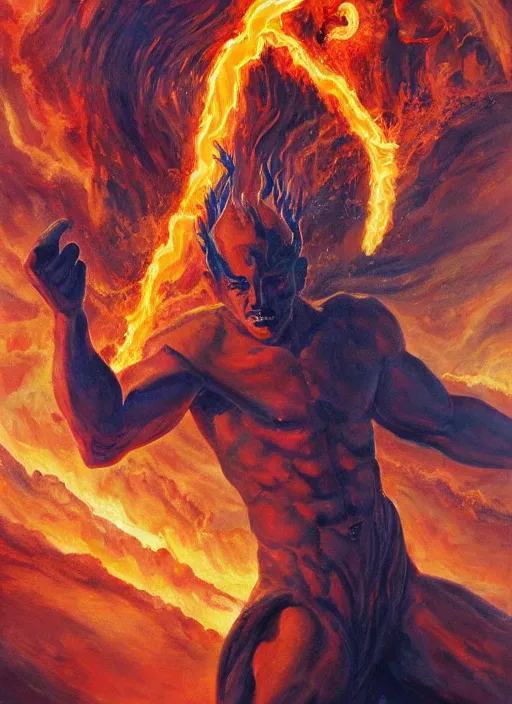 Image similar to the god of fire and brimstone. painting by caelan stokkermans and denys tsiperko