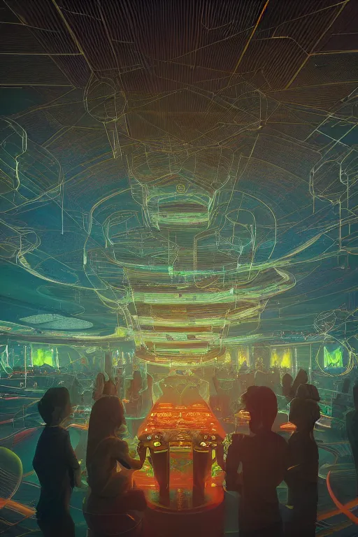 Prompt: a centered render of intricate modular synthesizer nightclub surrounded by ethereal lights and fractal geometry, cinematic, beautifully lit, by artgerm, by beeple, by karol bak, by donato giancola, by atelier olschinsky, 3 d, trending on artstation, octane render, 8 k