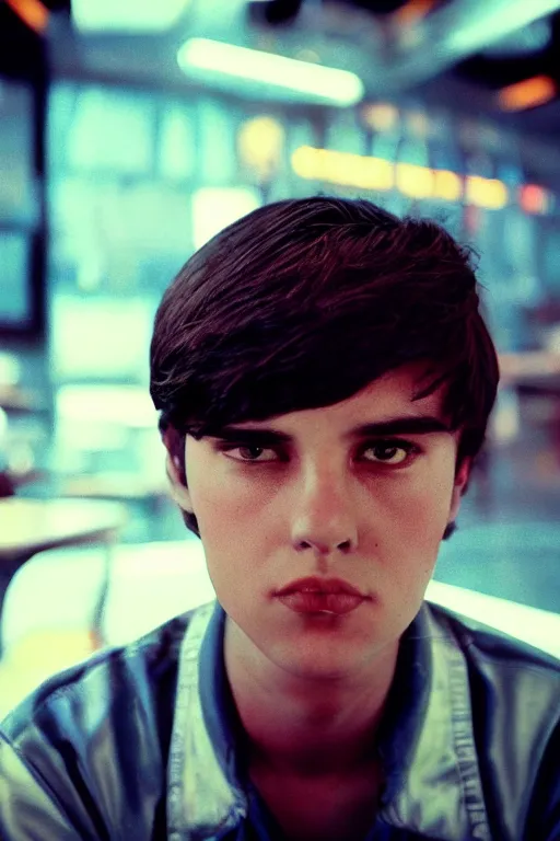 Image similar to an ultra high definition telephoto portrait cyberpunk 7 0 s diner film set photograph of a young man with short messy brown hair triangle head puffy cheeks narrow chin high cheek bones confused expression. wide angle close up. three point lighting. volumetric. refraction. imagined detail. soft focus ambient light sources. haze, light glare, art directed. filmic.