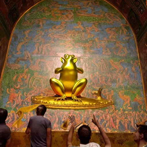 Prompt: people worship a huge statue of a golden frog, frescoes style, religion, bible