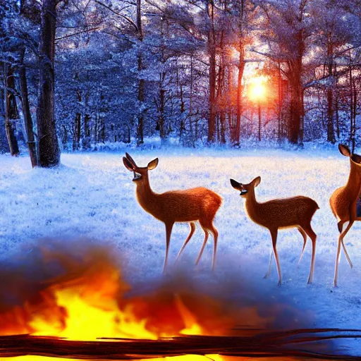 Prompt: family of deer on fire in a frozen forest, sparkles and sun rays, hyperrealistic, photo realistic, realistic, beautiful white lighting, in the middle of the day, hyperdetailed, very detailed