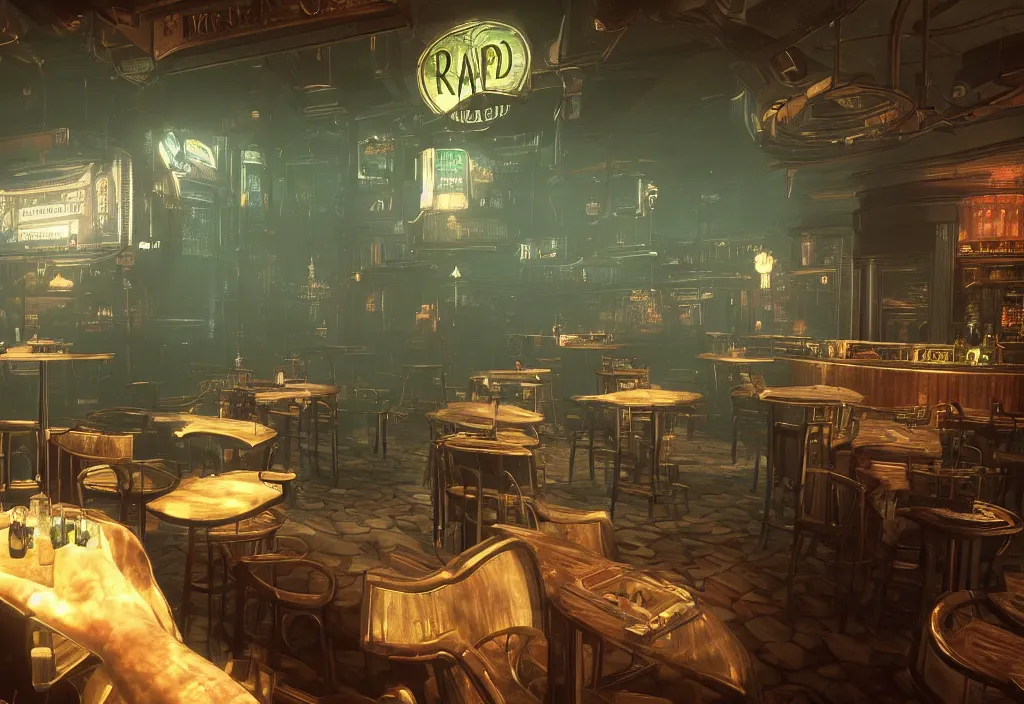 Prompt: In the world of rapture from the world of bioshock you are in a bar, there is a window that lets you see the whole city underwater and you are drinking a rum and coke, there are makes on the tables