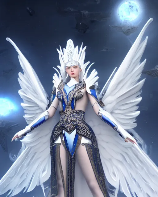 Image similar to perfect white haired egyptian goddess wearing white dove wings, warframe armor, regal, attractive, ornate, sultry, beautiful, ice queen, half asian, pretty face, blue eyes, detailed, scifi platform, 4 k, ultra realistic, volumetric lighting, illuminated, cinematic, masterpiece, art by akihito tsukushi, voidstar