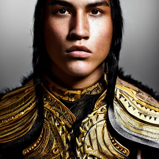 Prompt: a portrait of a beautiful young maori male wearing an alexander mcqueen armor , photographed by andrew thomas huang, artistic