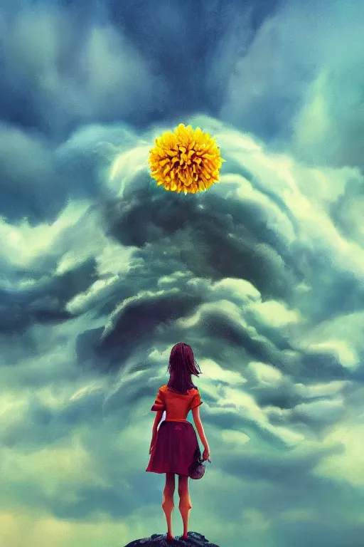 Image similar to closeup girl with huge yellow dahlia flower face, intricate, standing on mountain, surreal photography, blue storm clouds, dramatic light, impressionist painting, digital painting, artstation, simon stalenhag