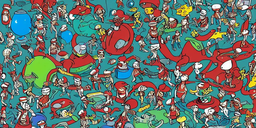 Image similar to wheres wally? Wally is lost on alien planet. by Martin Handford