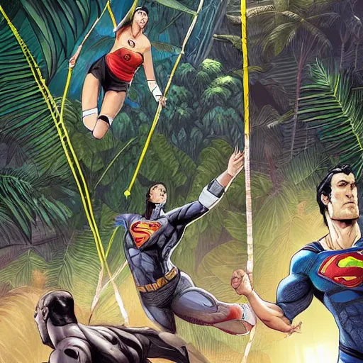 Prompt: batman and superman are playing volleyball in a jungle, volleyball in the air, volleyball net, digital illustration, inspired by greg rutkowski and artgerm, high detail