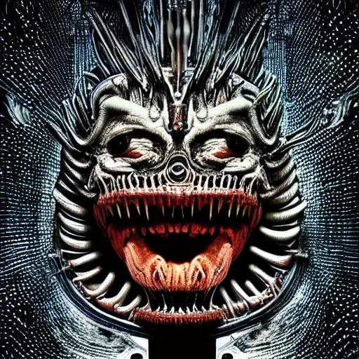 Image similar to space alien, slimy, glossy, sharp teeth, by h. r. giger, nightmare fuel, nightmarish, intricate, highly detailed, optical illusion, stranger things demogorgon, cave lighting, flickering