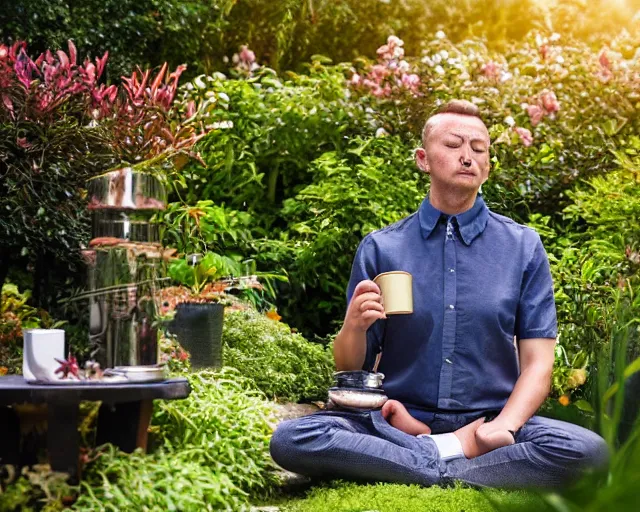 Prompt: mr robert is drinking fresh tea, smoke pot and meditate in a garden from spiral mug, detailed glad face, power belly, golden hour closeup photo, red elegant shirt, eyes wide open, ymmm and that smell