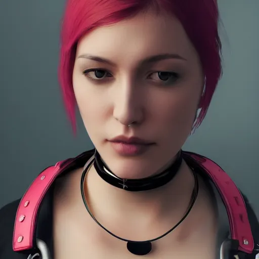 Image similar to detailed realistic female character cyberpunk wearing thick leather collar around neck, realistic, art, beautiful, 4K, collar, choker, collar around neck, punk, artstation, detailed, female, woman, choker, cyberpunk, punk, collar, choker, collar around neck,