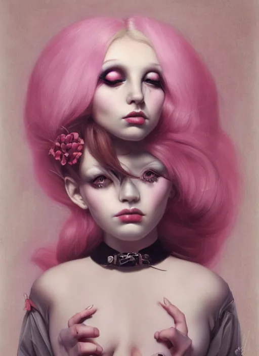 Prompt: pop surrealism, lowbrow art, realistic seductive woman painting, pink body harness, hyper realism, muted colours, rococo, natalie shau, loreta lux, tom bagshaw, mark ryden, trevor brown style,