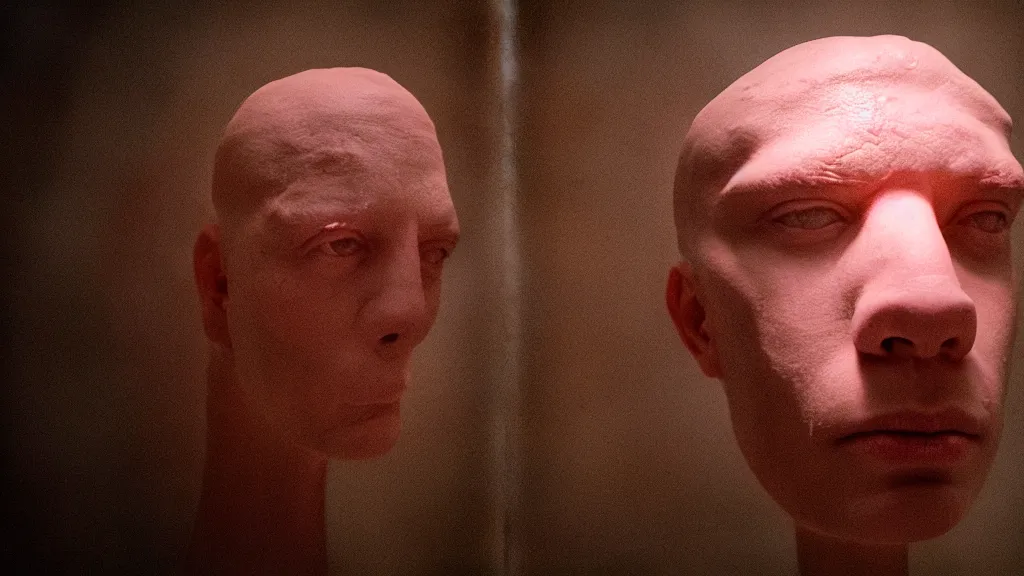 Prompt: the giant human head made of wax in our bathroom, film still from the movie directed by Wes Anderson with art direction by Zdzisław Beksiński, wide lens