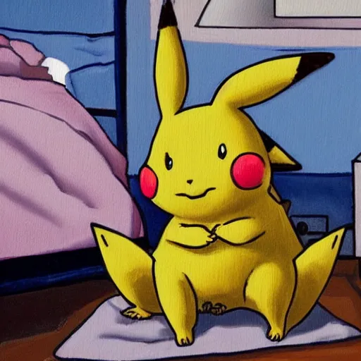 Image similar to sad masterful oil painting of twice divorced alcoholic pikachu alone in his room