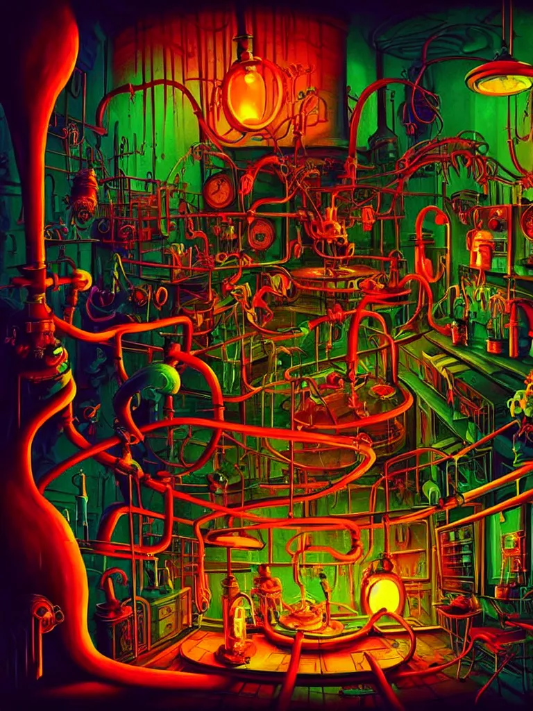 Prompt: vibrant colorful vintage horror illustration of a mad scientist experiment poisonous laboratory. glowing, spooky lighting, fantasy hyper detailed digital matte painting, concept art, hyperrealism, cinema 4 d, 8 k resolution, 6 4 megapixels, coherent, bokeh, cgsociety, zbrush central, behance hd, hypermaximalist, a masterpiece, 4 k. pinterest