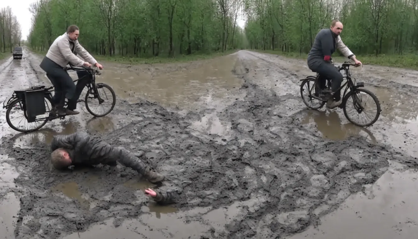 Prompt: drunk russian man driving bicycle trough potholes and mud, hilarious, funny, meme, realistic, detailed, 4 k