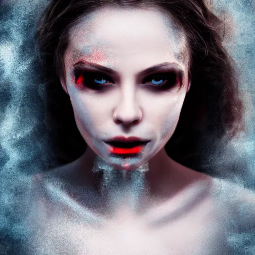 Image similar to cinematic shot of a woman becoming a vampire, hyper realistic, mood lighting, fantasy, detailed pupils, highly detailed, super realistic, perfect lighting pixel sorting
