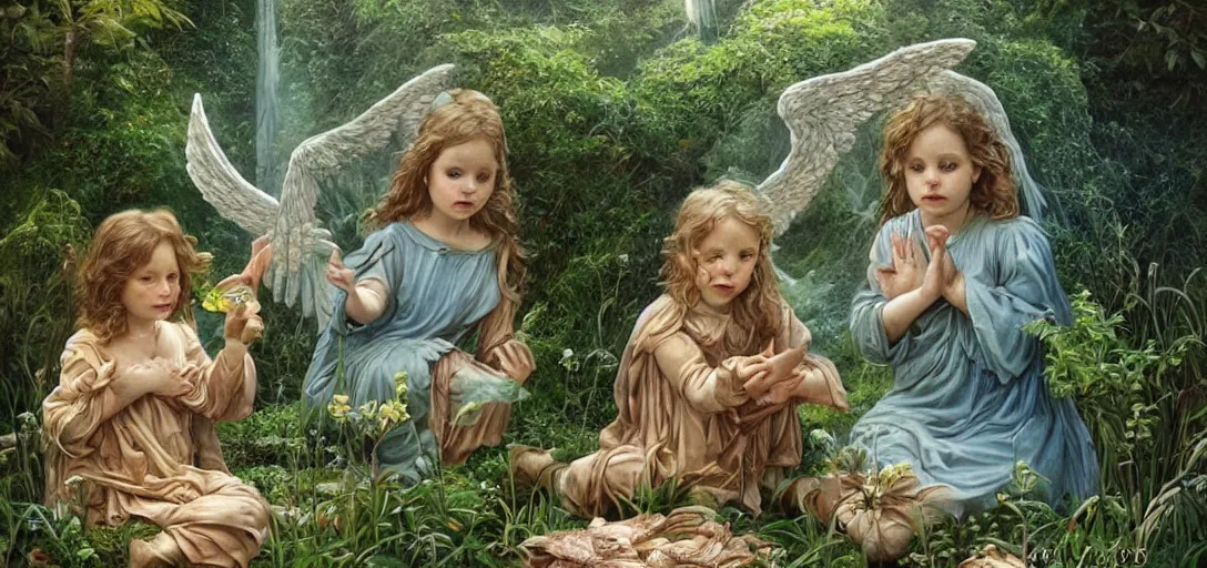 Prompt: angels playing in a hidden garden by michael whelan, heaven, ultra realistic, aesthetic, beautiful, magical