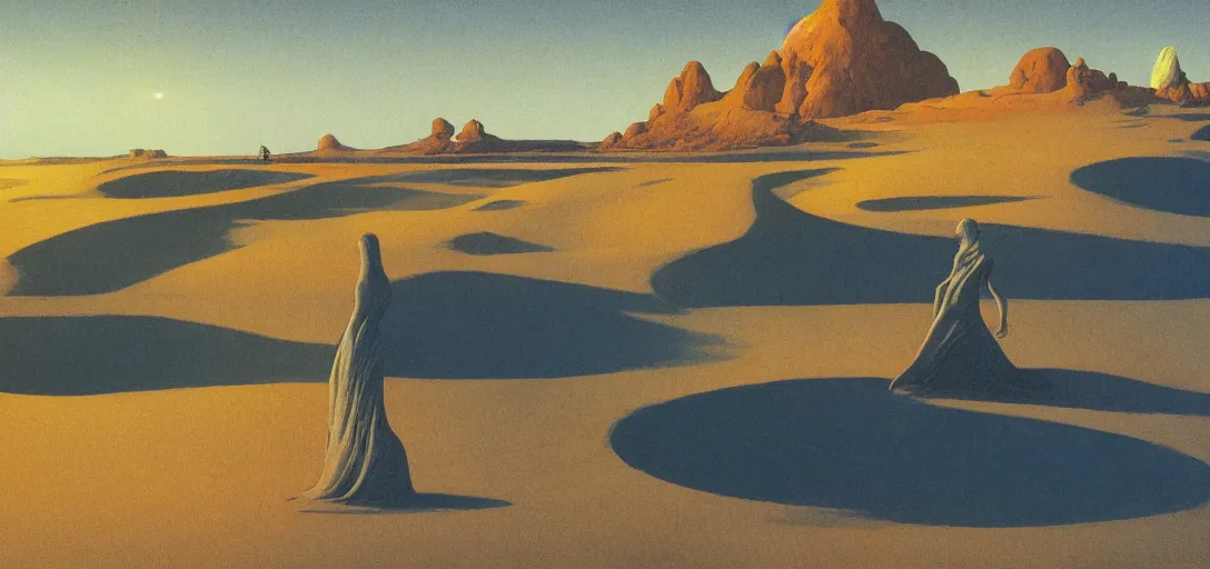 Image similar to a golden salt flat surrounded by dunes with a ruined statue of a woman emerging from the blue sand, illustrated, epic composistion, moebius, edward hopper and james gilleard, zdzislaw beksinski, steven outram, volumetric lighting, surreal flat colors, concept art