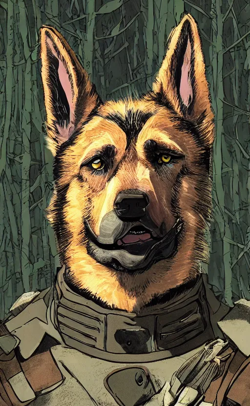 Image similar to close up character portrait icon of the german shepard beast - man military uniform head animal person wearing clothes standing in the bright forest, hidari, color page, tankoban, 4 k, tone mapping, akihiko yoshida