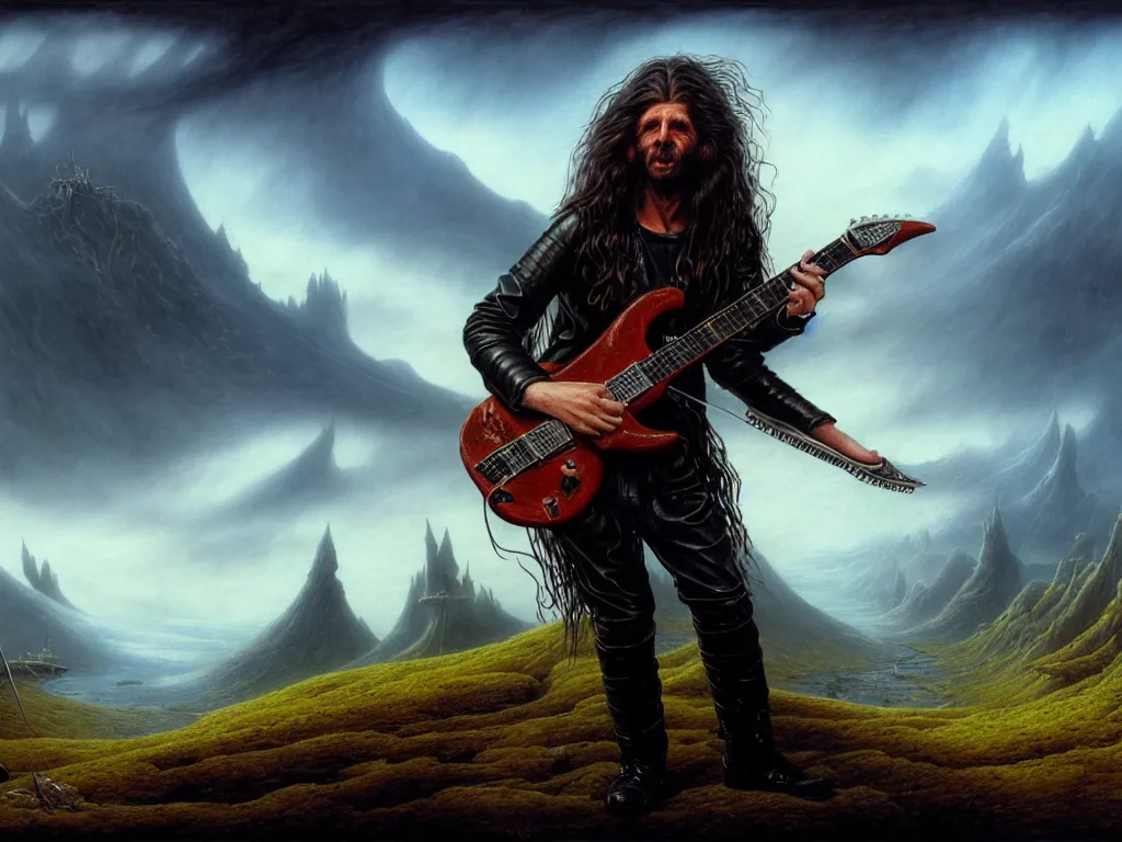 Image similar to long - haired man in leather jacket playing the most amazing electric guitar, epic landscape, fantasy concept art, john howe, 4 k