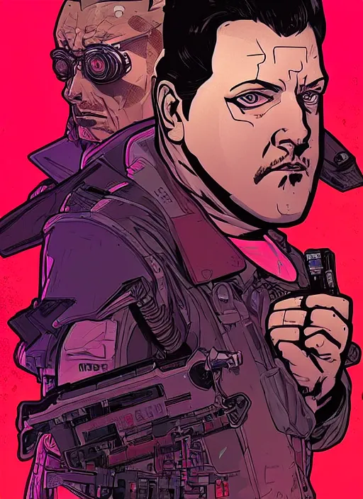 Prompt: cyberpunk paul blart. portrait by ashley wood and alphonse mucha and laurie greasley and josan gonzalez and james gurney. spliner cell, apex legends, rb 6 s, hl 2, d & d, cyberpunk 2 0 7 7. realistic face. vivid color. dystopian setting.