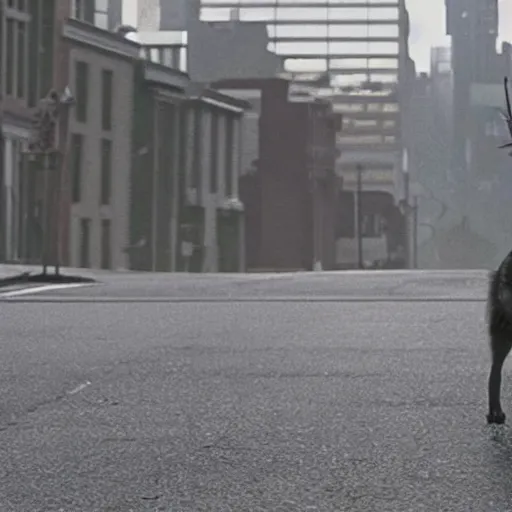 Prompt: a still of the lonely anthro gray Wolf walking a street, from Joker (2019), directed by Todd Philips