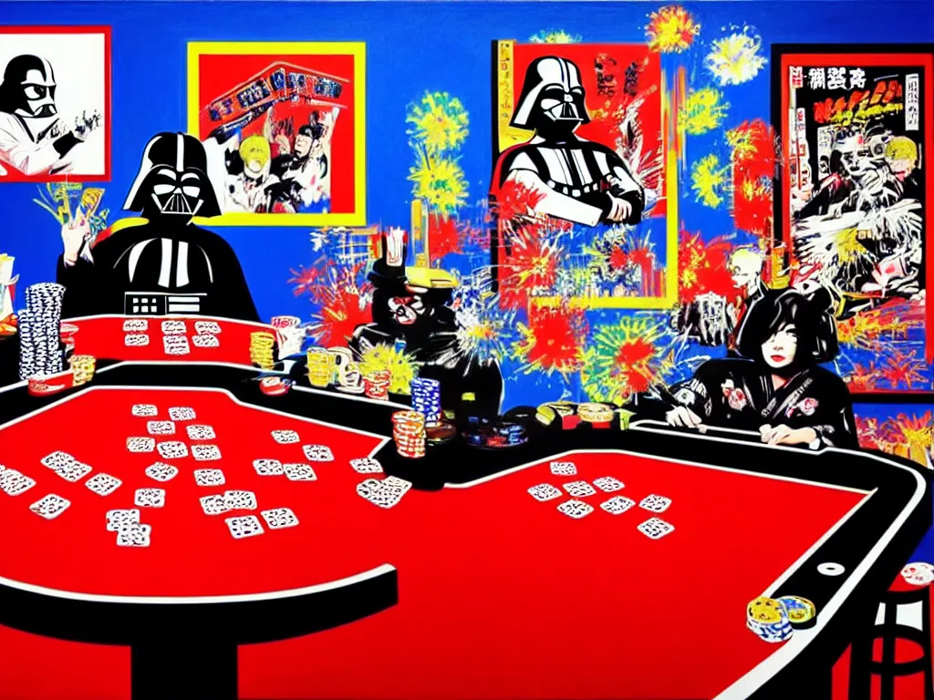 Image similar to hyper - realistic composition of a room with an extremely detailed poker table, croupier in traditional japanese kimono standing nearby, darth vader sitting at the table, fireworks in the background, pop art style, jackie tsai style, andy warhol style, acrylic on canvas