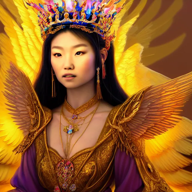 Image similar to beautiful 3 d render of an asian mongolian princess goddess with angelic wings in a sensual pose, princess wearing a crown with gemstones, near lake baikal, atmospheric lighting, painted, intricate, volumetric lighting, beautiful, rich deep colours masterpiece, sharp focus, highly saturated colors, ultra detailed, in the style of dan mumford and marc simonetti, astrophotography