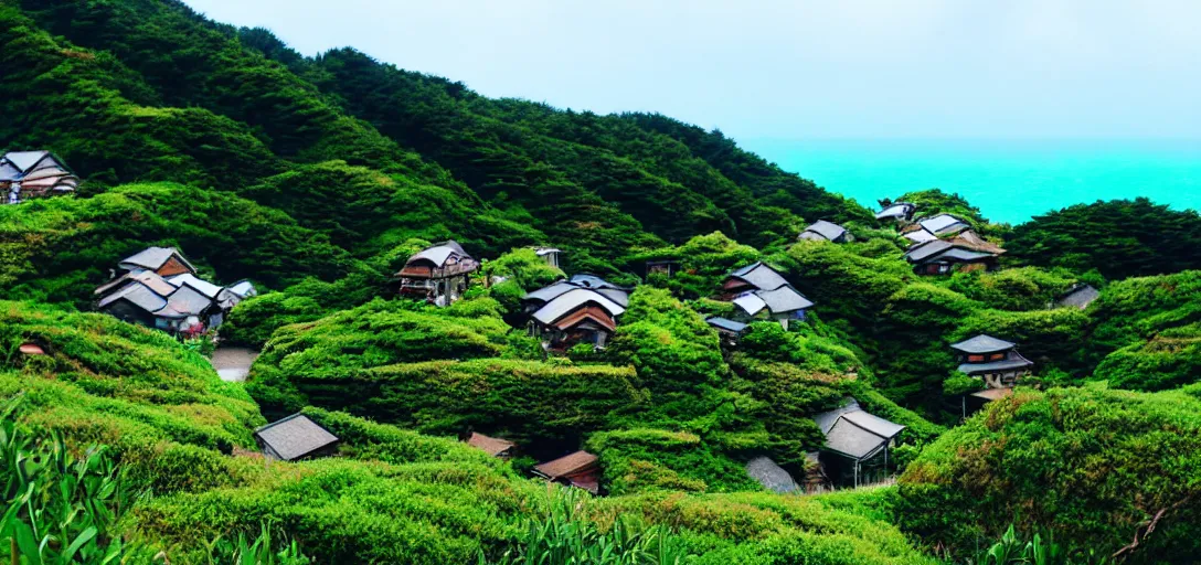 Image similar to studio ghibli hilly countryside and ocean