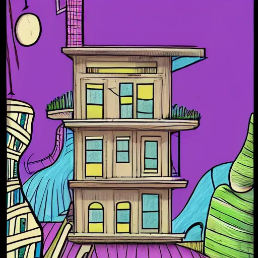 Image similar to a drawing of a house with a lot of windows, illustration by dr seuss, behance contest winner, hypermodernism, photoillustration, 1 9 9 0 s, concept art