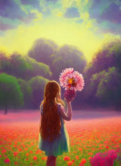 Image similar to girl with giant flower as a face and flower dress, standing in a flower field hills, big trees, sunrise dramatic light, impressionist painting, colorful clouds, digital painting, pointillism, artstation, simon stalenhag