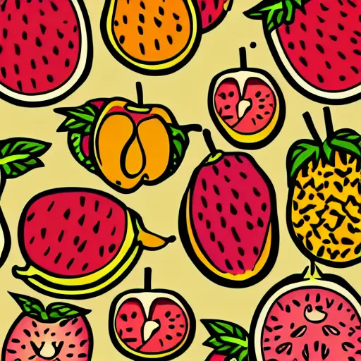 Prompt: fruit illustration, repeating pattern, light tan background, simple illustrative