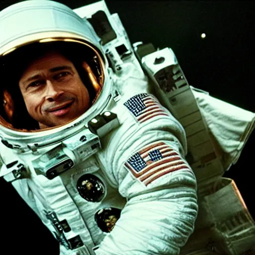 Prompt: brad pitt as an astronute on the moon. movie still