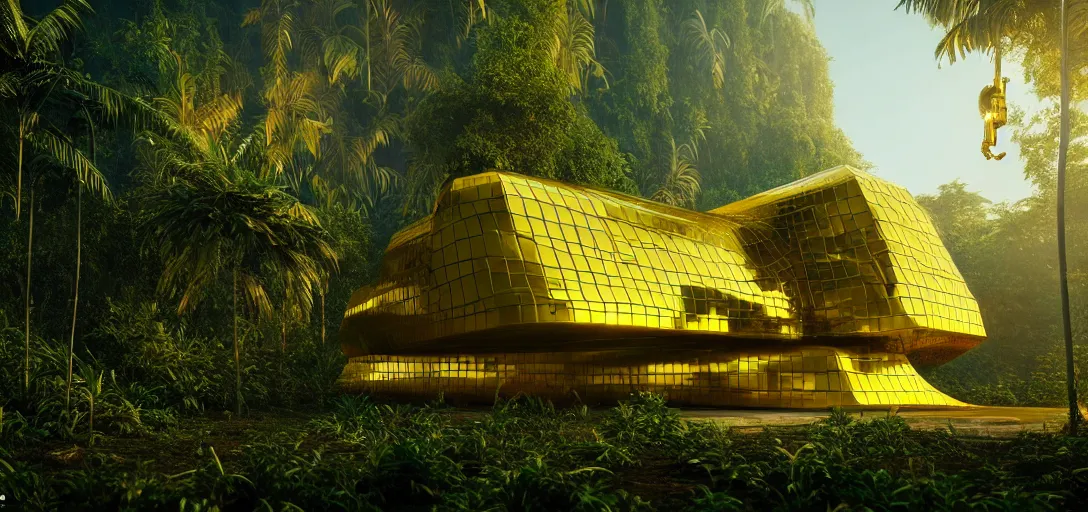 Image similar to futuristic shinny golden building in an jungle landscape of a biopunk city by taras shevchenko and wlop, movie poster, golden ratio, evening lighting, film still, realistic, octane render redshift arnold materials unreal engine, 8 k post production, hyper detailed