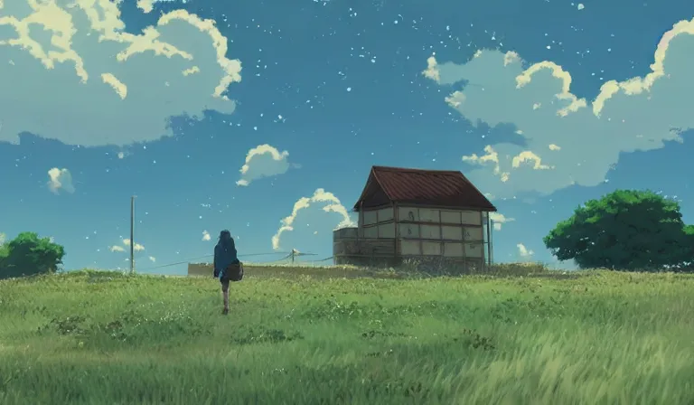 Prompt: A serene landscape with a singular building in the style of Makoto Shinkai.