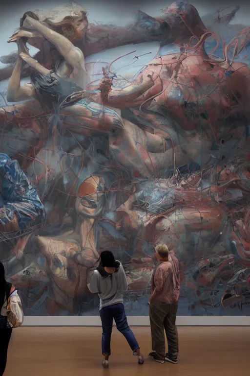 Prompt: Oil painting of people looking at a large graffiti painting in a contemporary museum, intricate, highly detailed, smooth, artstation, painting by moebius and james jean and Artgerm and yoshitaka Amano and Greg Rutkowski and Zdislav Beksinski